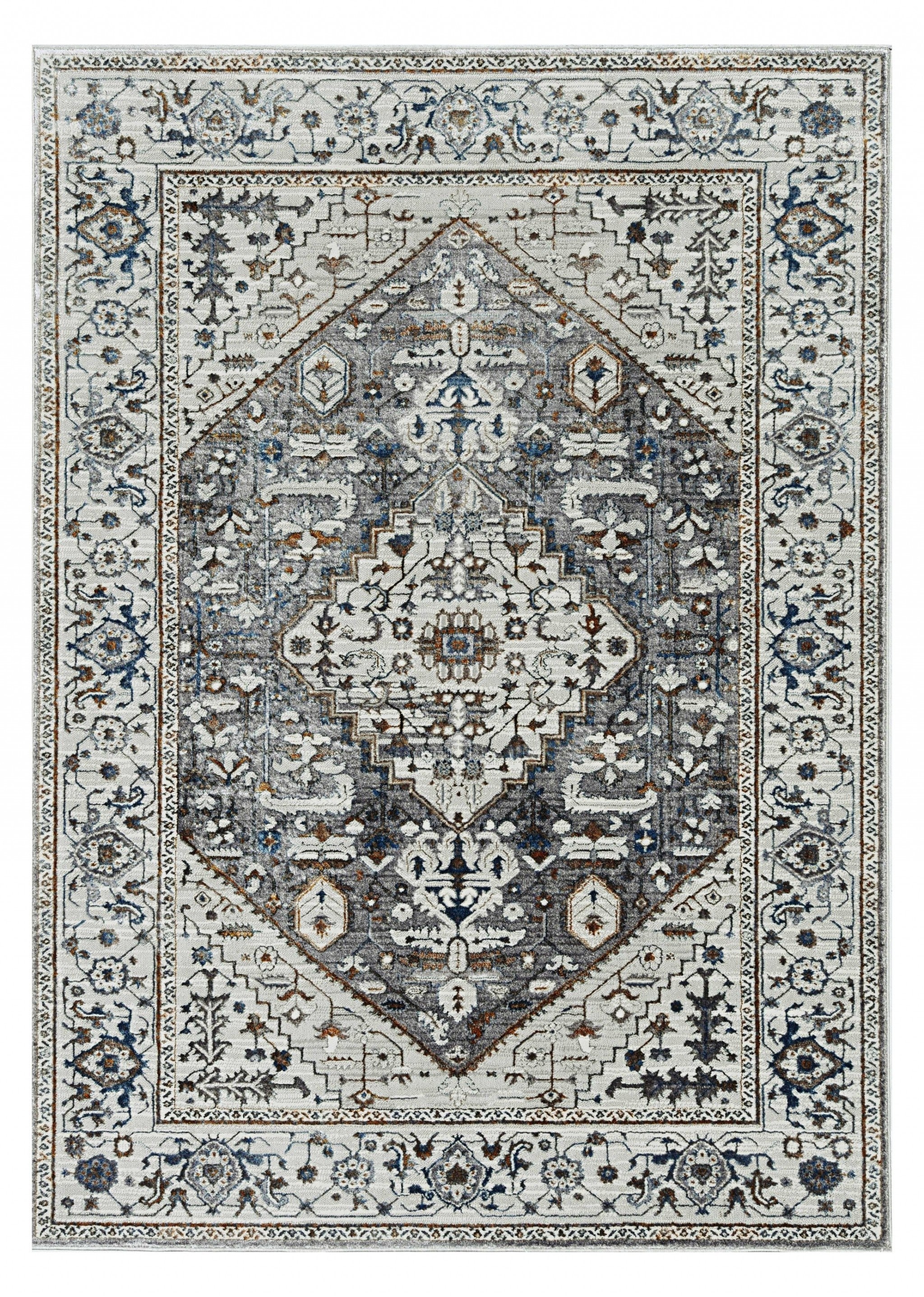 7' Grey Machine Woven Diamond Floral Medallion Indoor Runner Rug