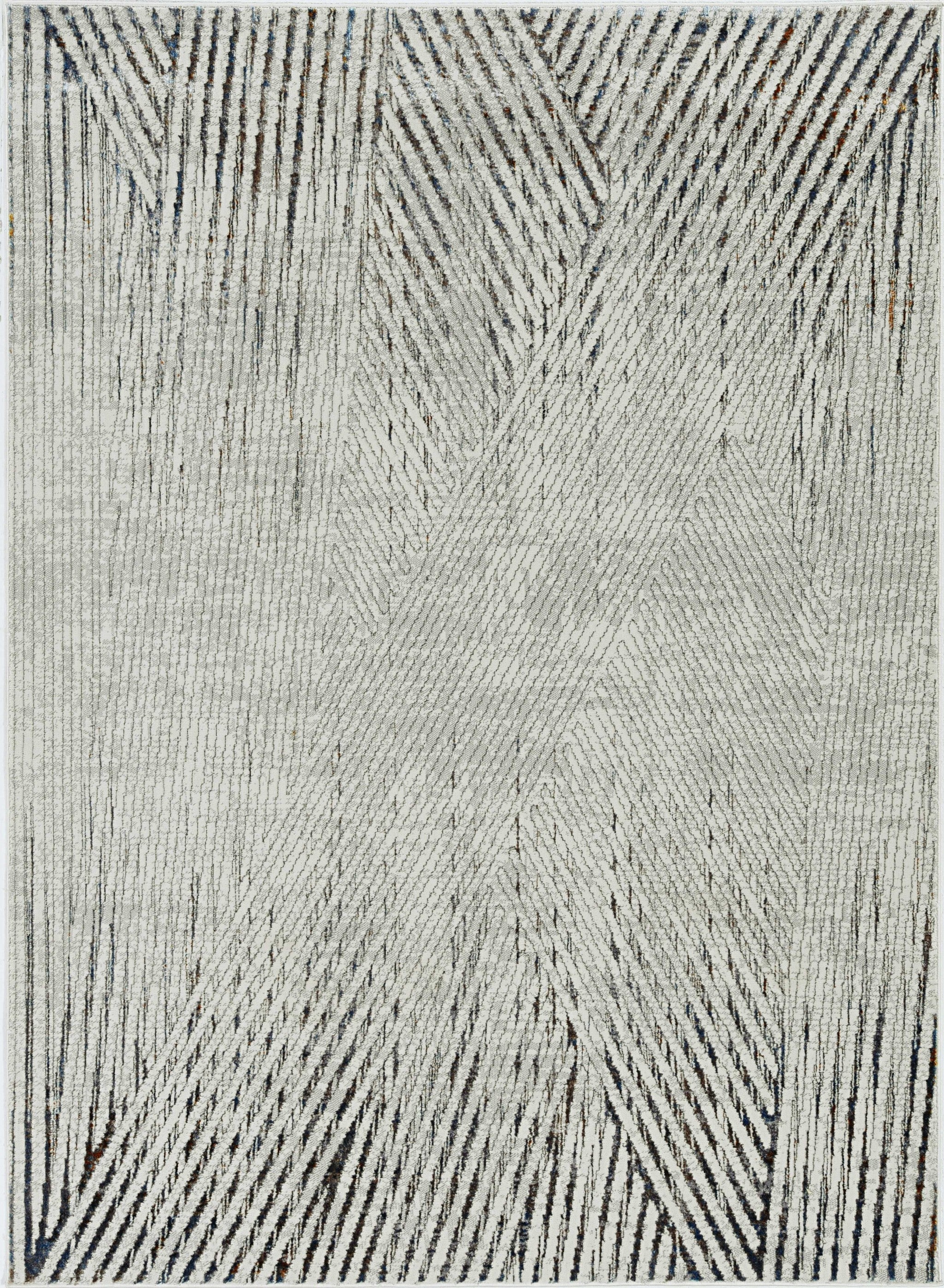 7' Ivory Grey Machine Woven Geometric Lines Indoor Runner Rug