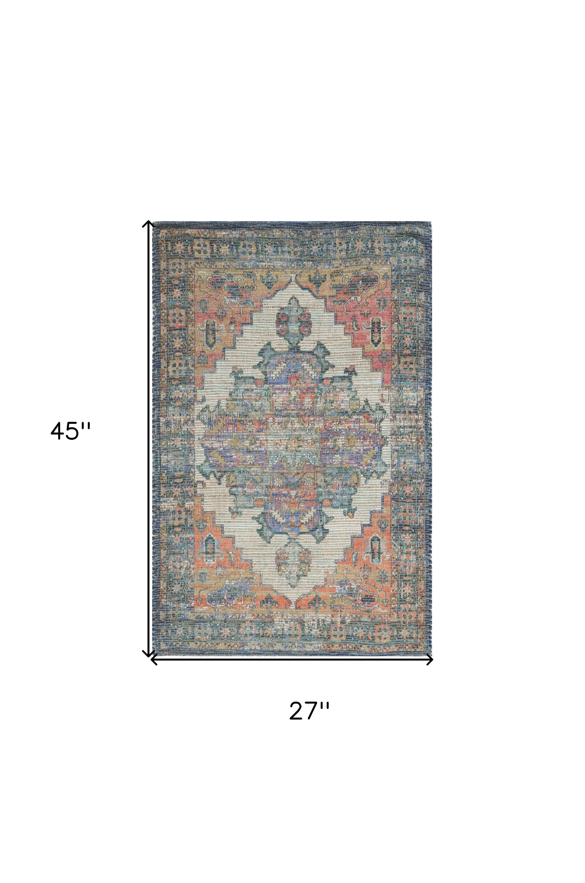 2'X4' Blue Rust Orange Hand Woven Diamond Medallion Indoor Accent Rug