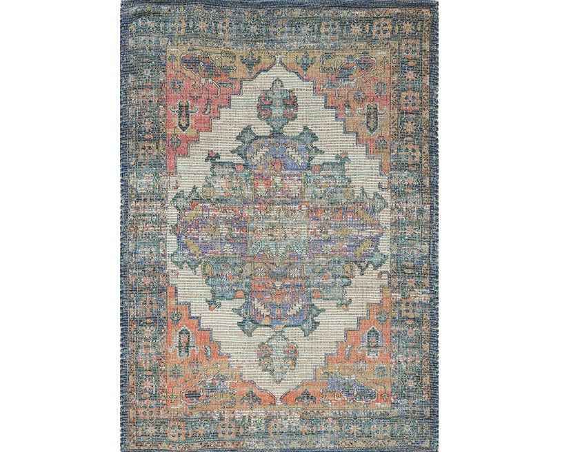 7'X12' Blue Orange Hand Woven Traditional Medallion Indoor Area Rug