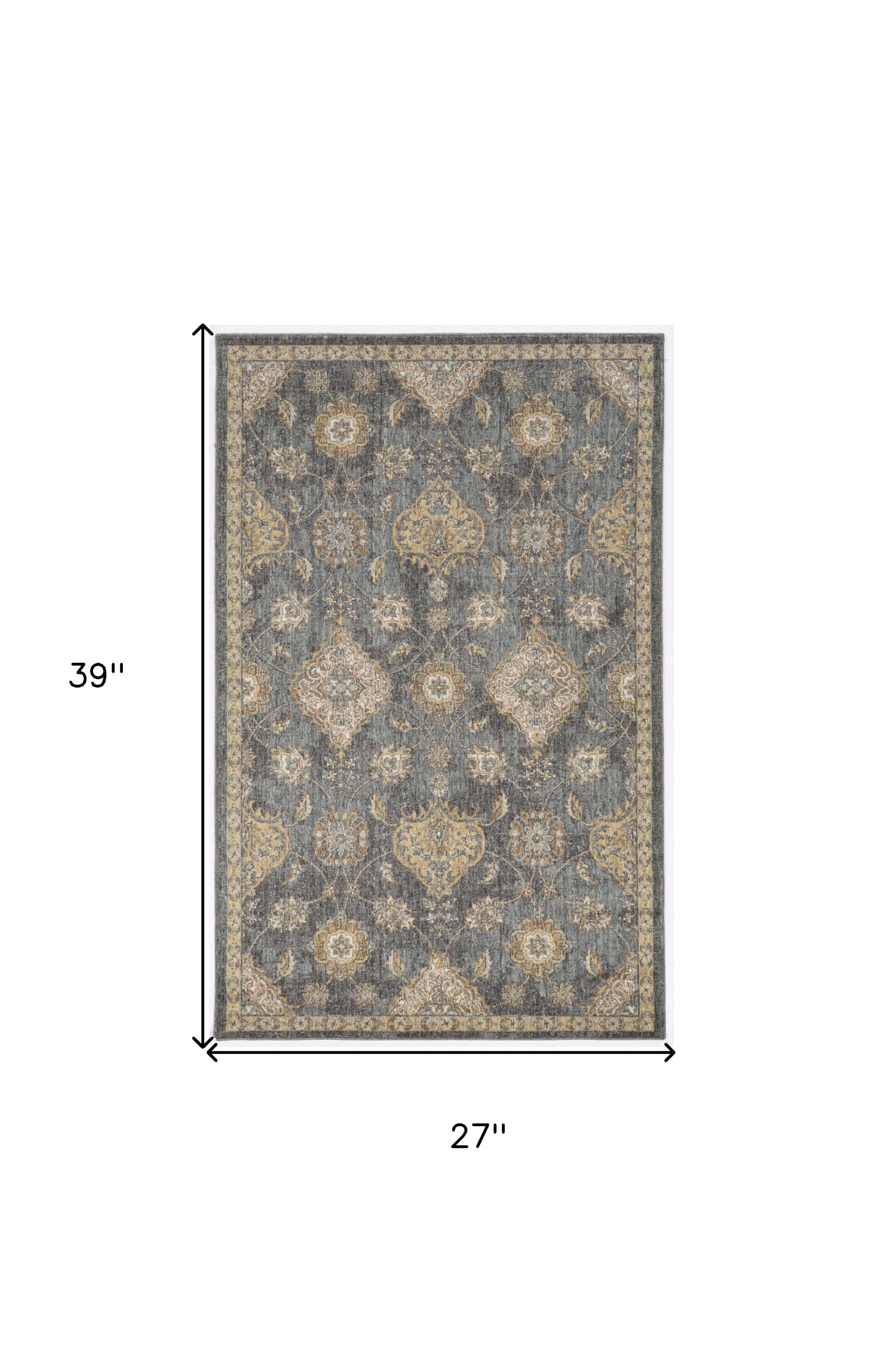 3'X5' Slate Grey Machine Woven Bordered Floral Vines Indoor Area Rug