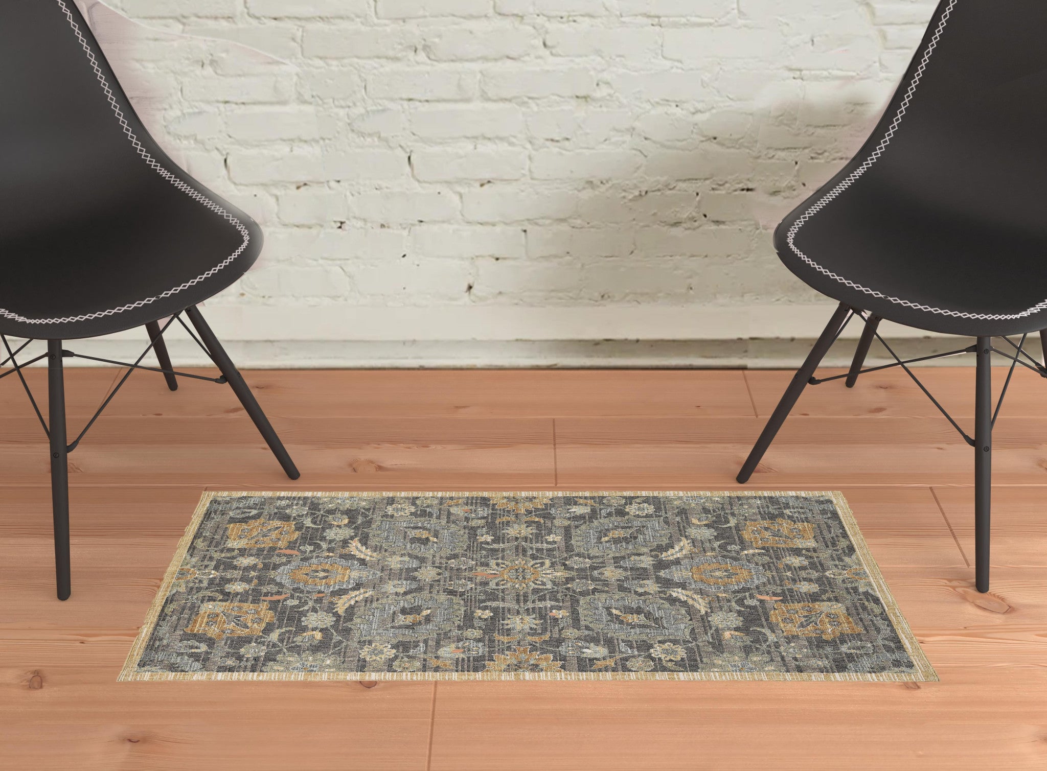 2'X3' Taupe Machine Woven Vintage Floral Traditional Indoor Accent Rug