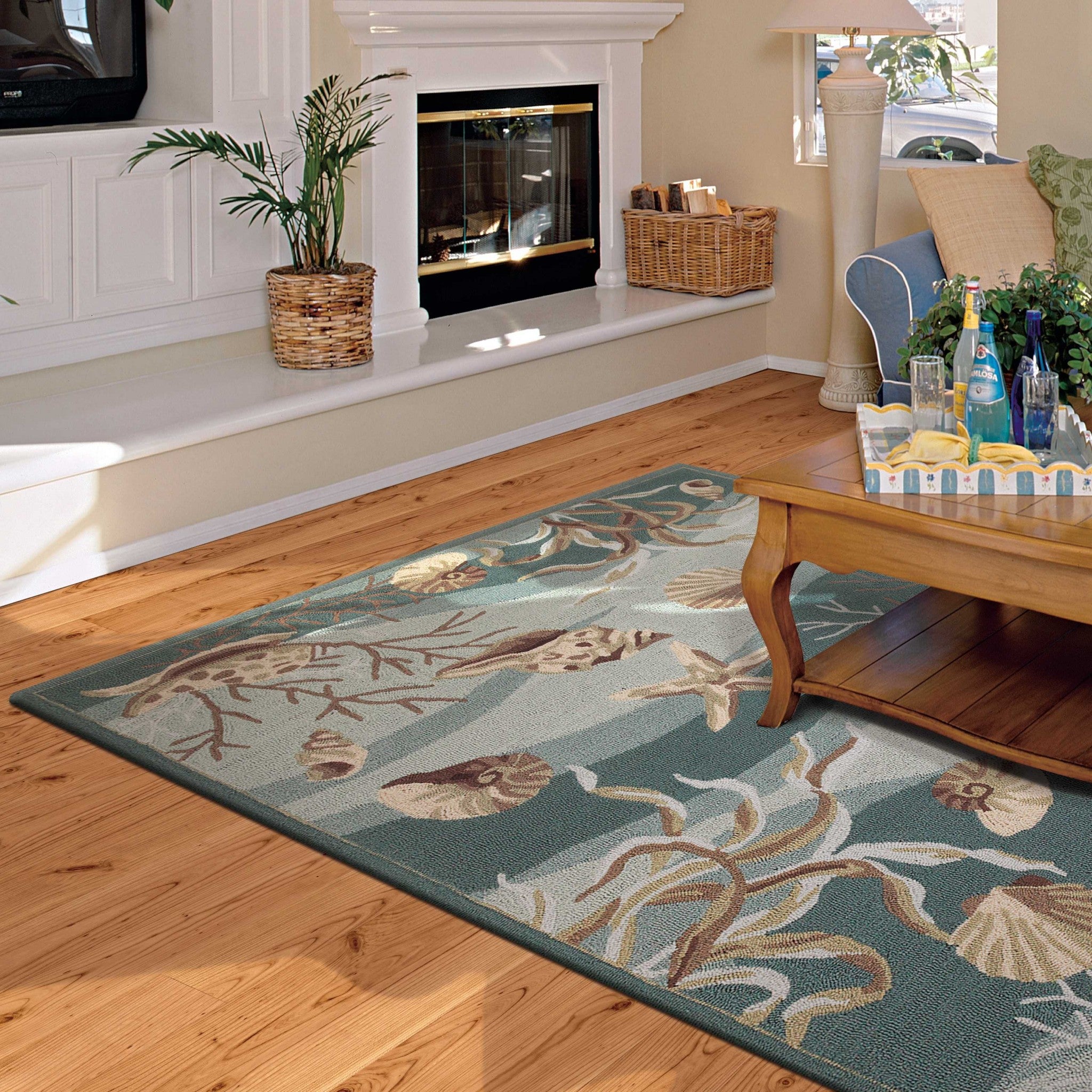 8' Seafoam Green Hand Hooked Sea Shells Indoor Runner Rug