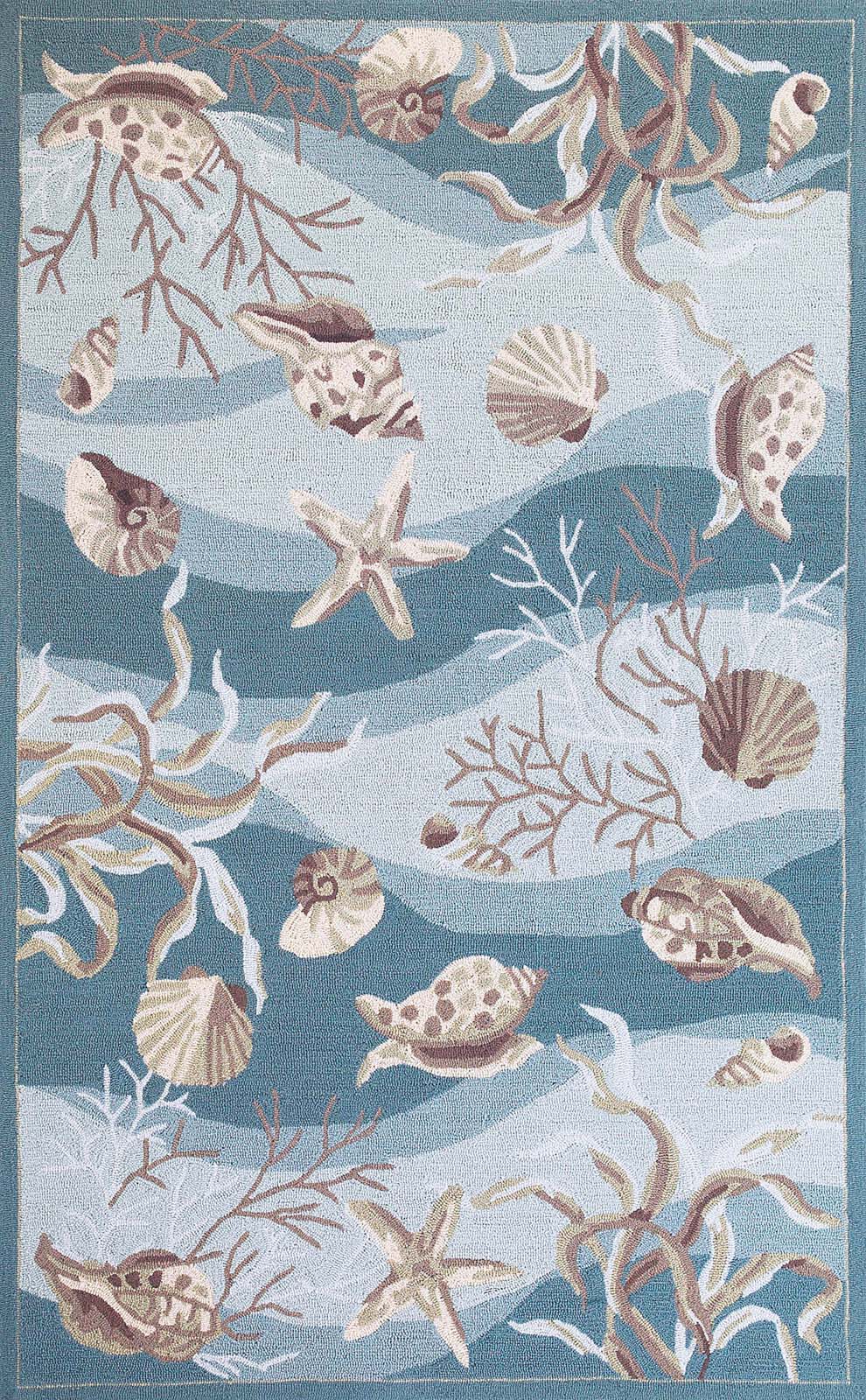 8' Seafoam Green Hand Hooked Sea Shells Indoor Runner Rug