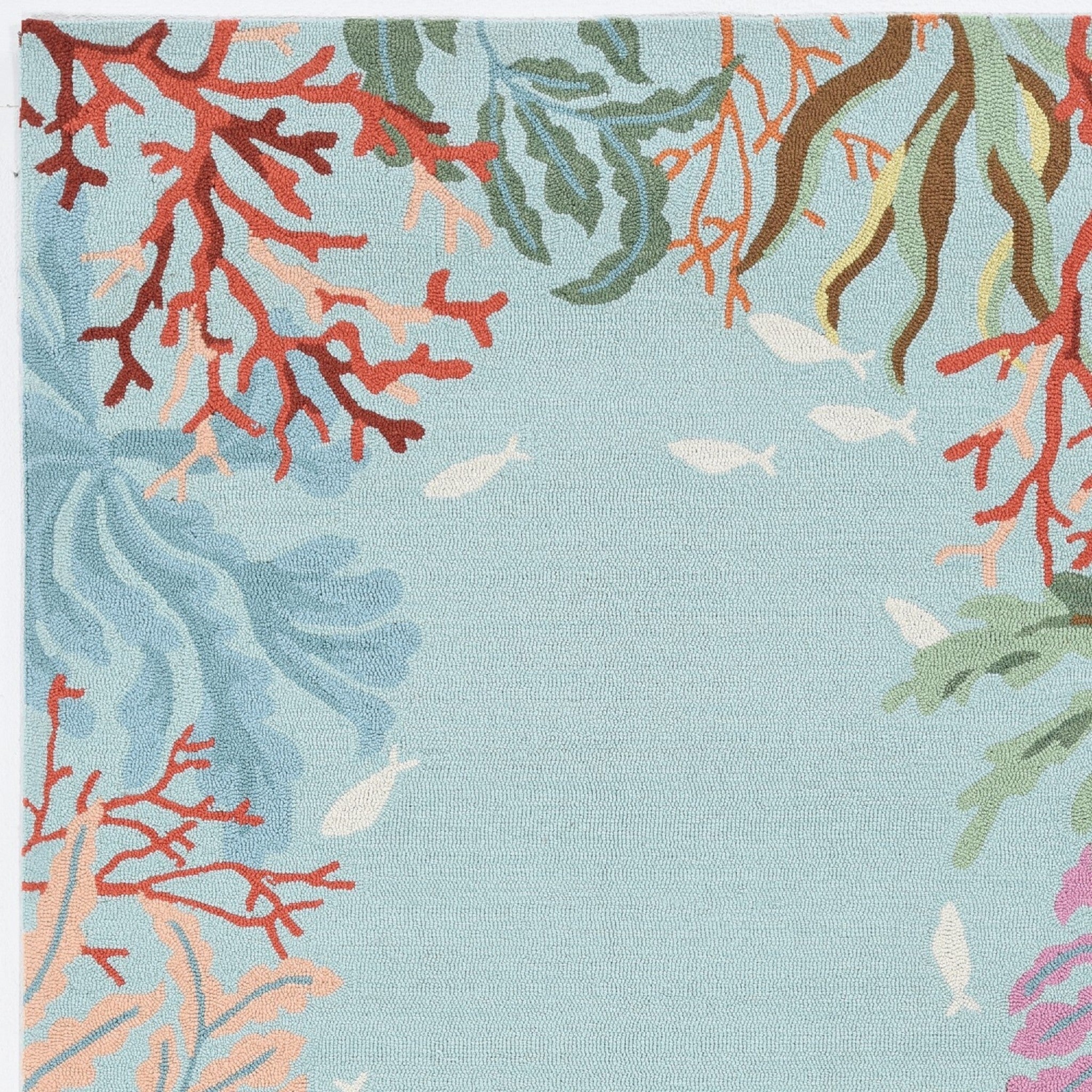 2'X4' Blue Hand Hooked Bordered Coral Reef Indoor Accent Rug