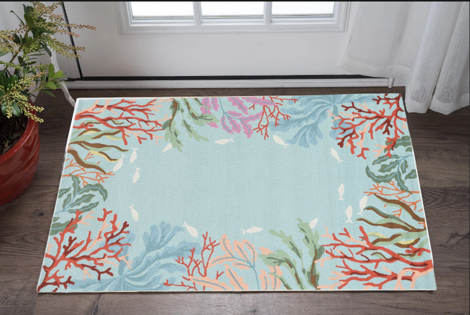 2'X4' Blue Hand Hooked Bordered Coral Reef Indoor Accent Rug