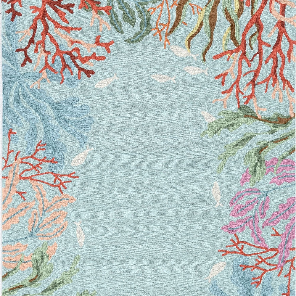 2'X4' Blue Hand Hooked Bordered Coral Reef Indoor Accent Rug