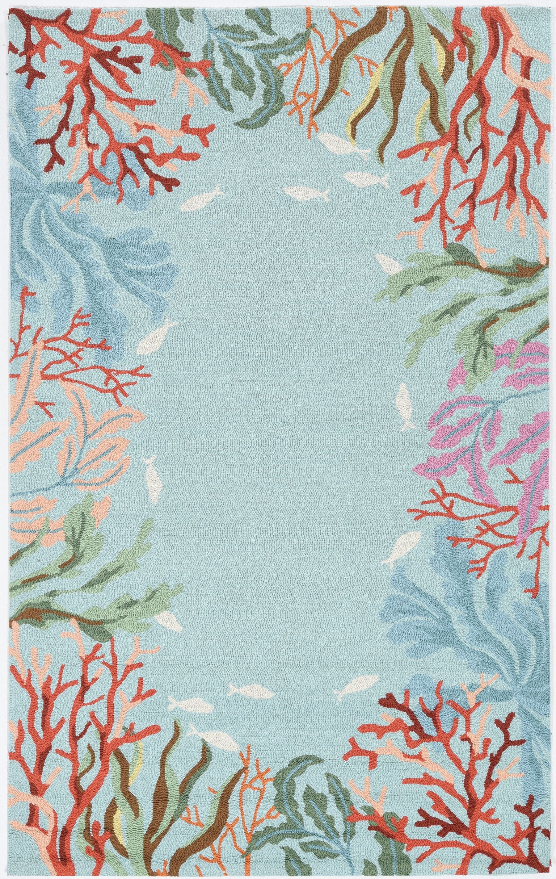 2'X4' Blue Hand Hooked Bordered Coral Reef Indoor Accent Rug