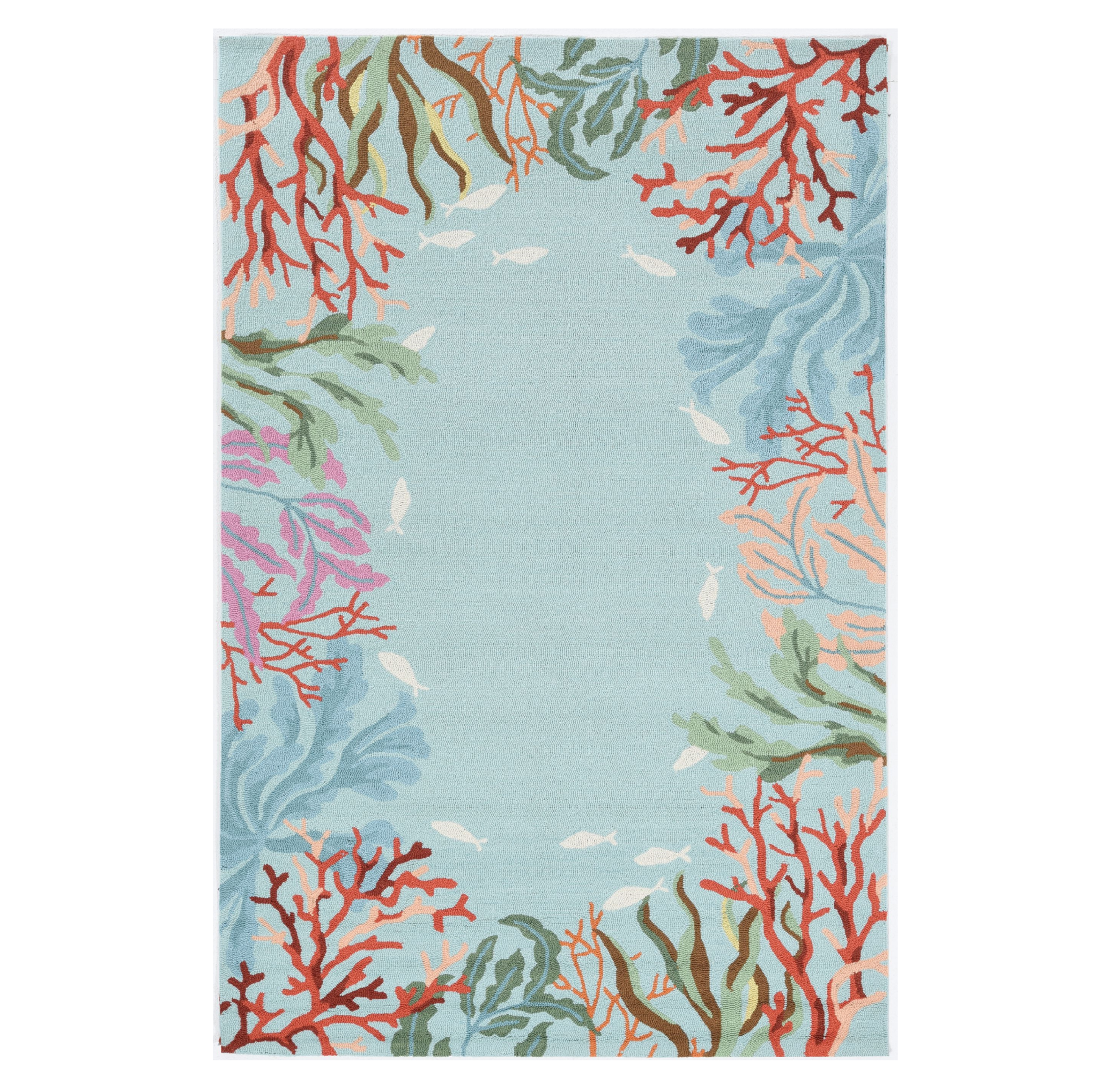 2'X4' Blue Hand Hooked Bordered Coral Reef Indoor Accent Rug