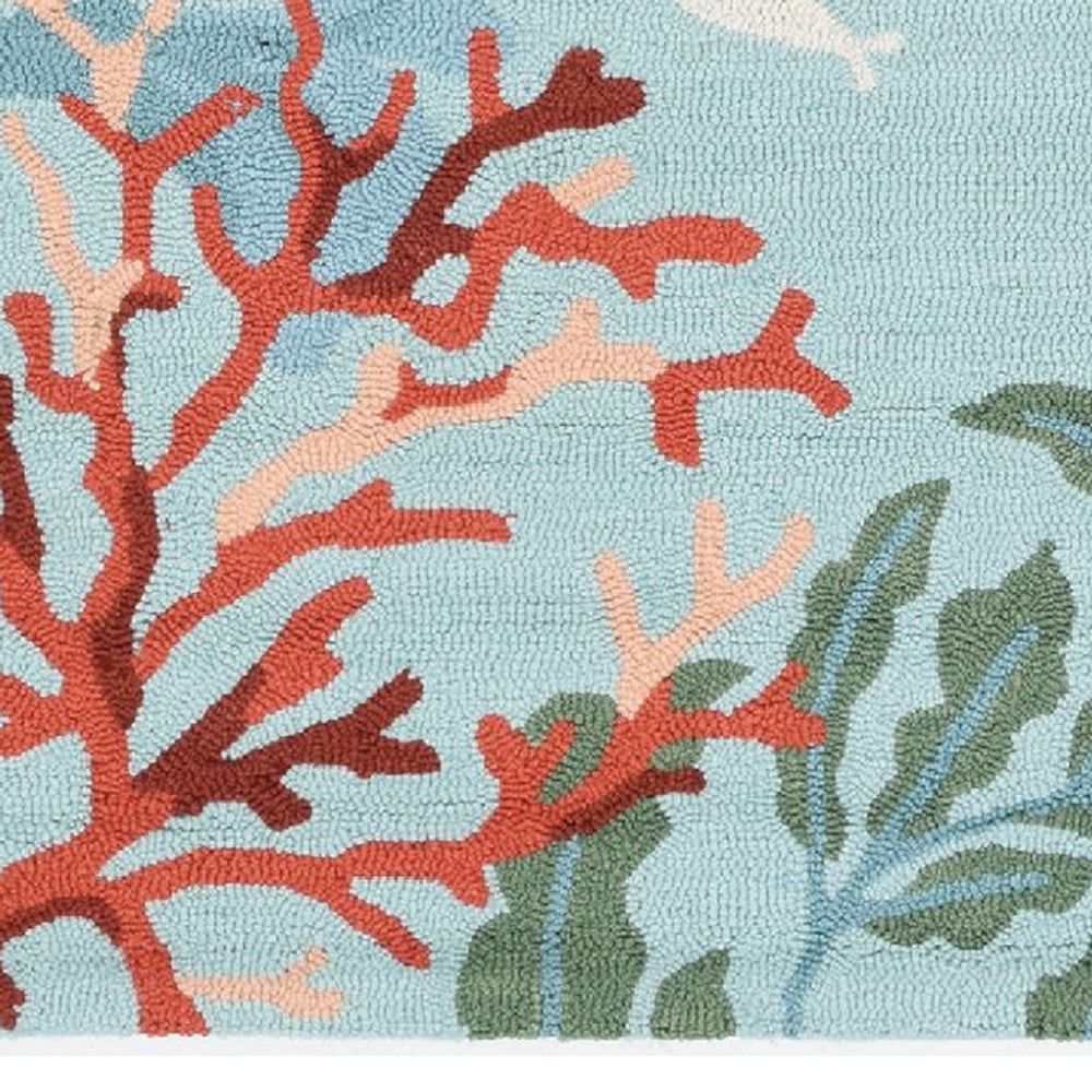 2'X4' Blue Hand Hooked Bordered Coral Reef Indoor Accent Rug