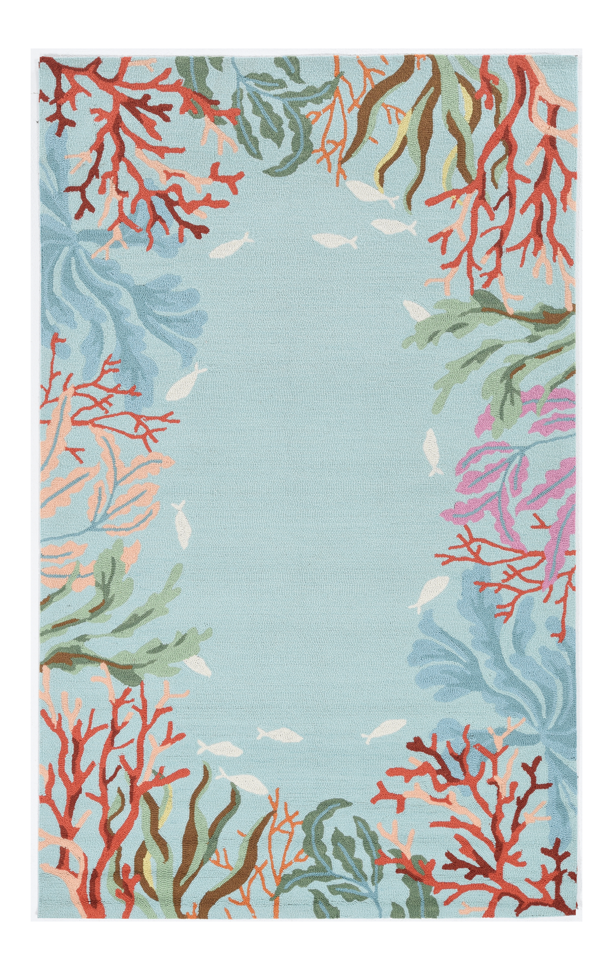 2'X4' Blue Hand Hooked Bordered Coral Reef Indoor Accent Rug