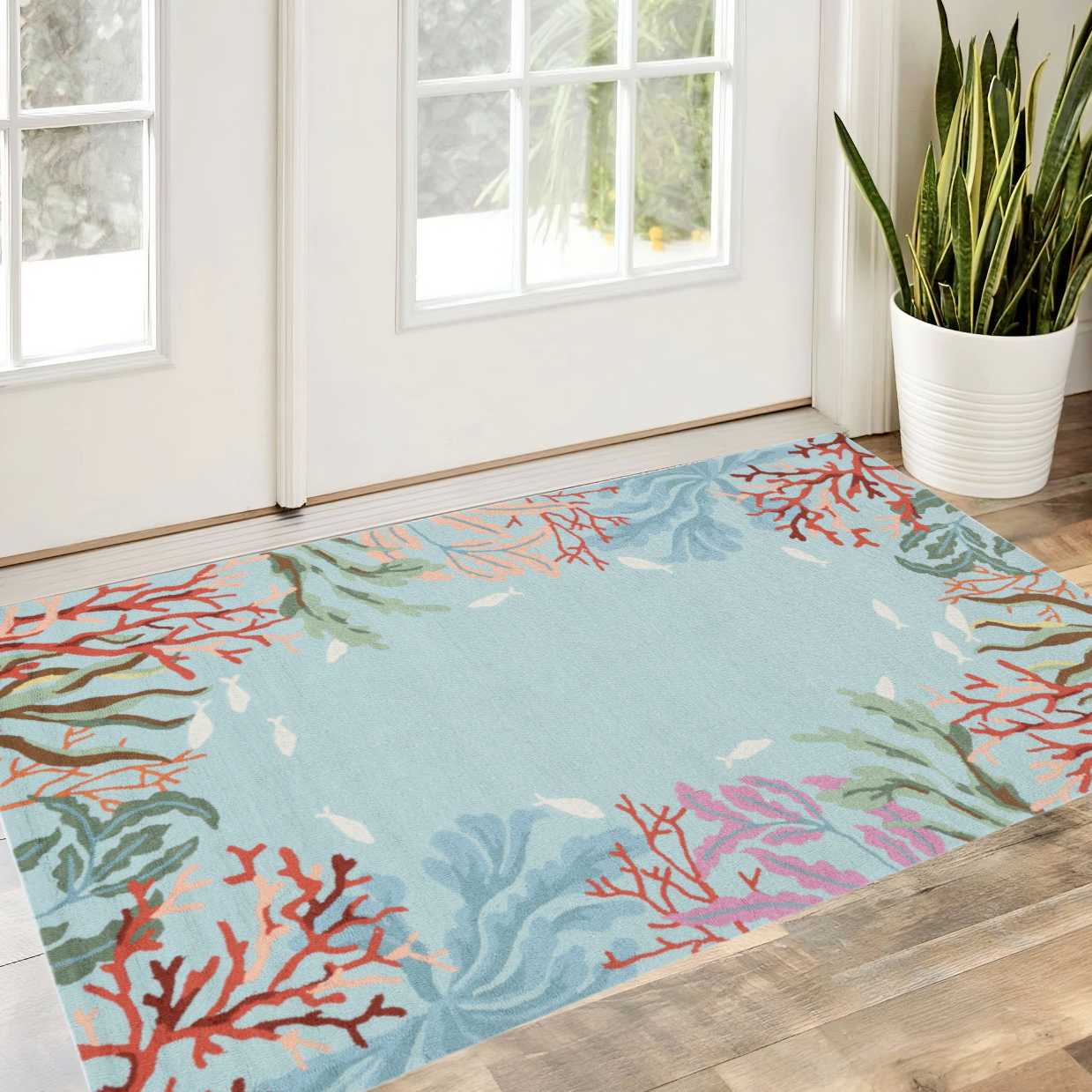 2'X4' Blue Hand Hooked Bordered Coral Reef Indoor Accent Rug