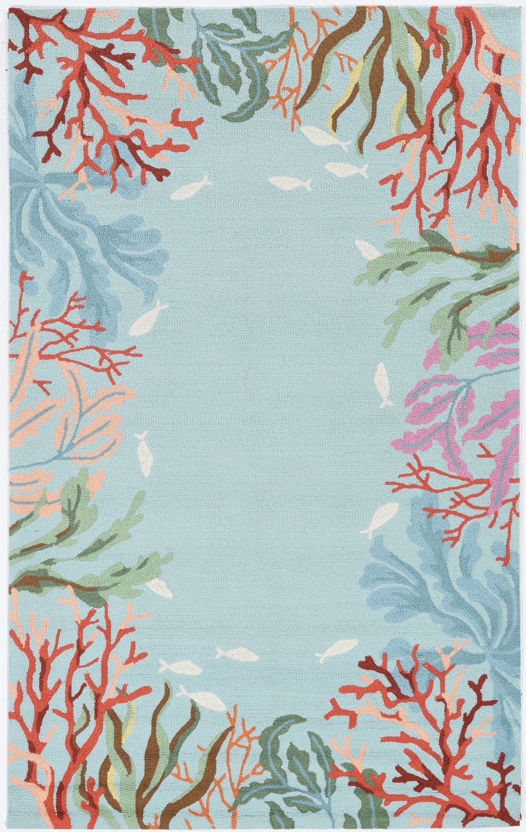 2'X4' Blue Hand Hooked Bordered Coral Reef Indoor Accent Rug