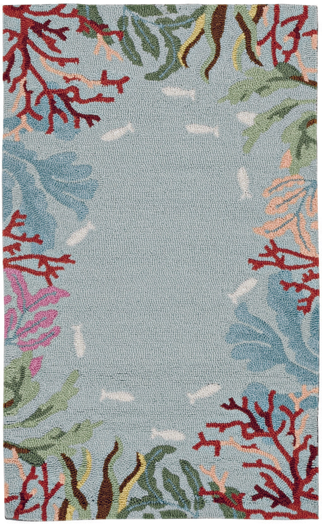 2'X4' Blue Hand Hooked Bordered Coral Reef Indoor Accent Rug