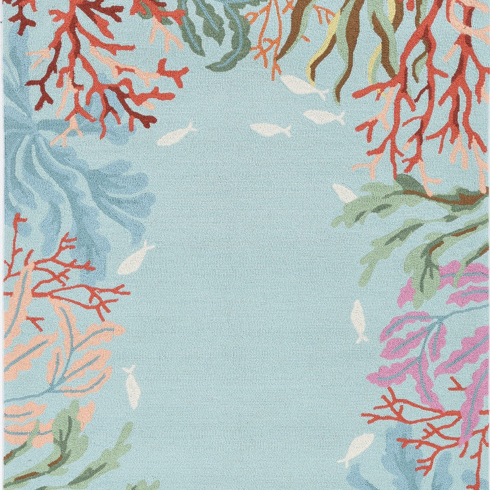 2'X4' Blue Hand Hooked Bordered Coral Reef Indoor Accent Rug