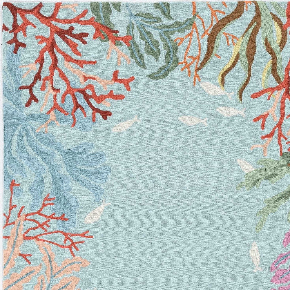 2'X4' Blue Hand Hooked Bordered Coral Reef Indoor Accent Rug