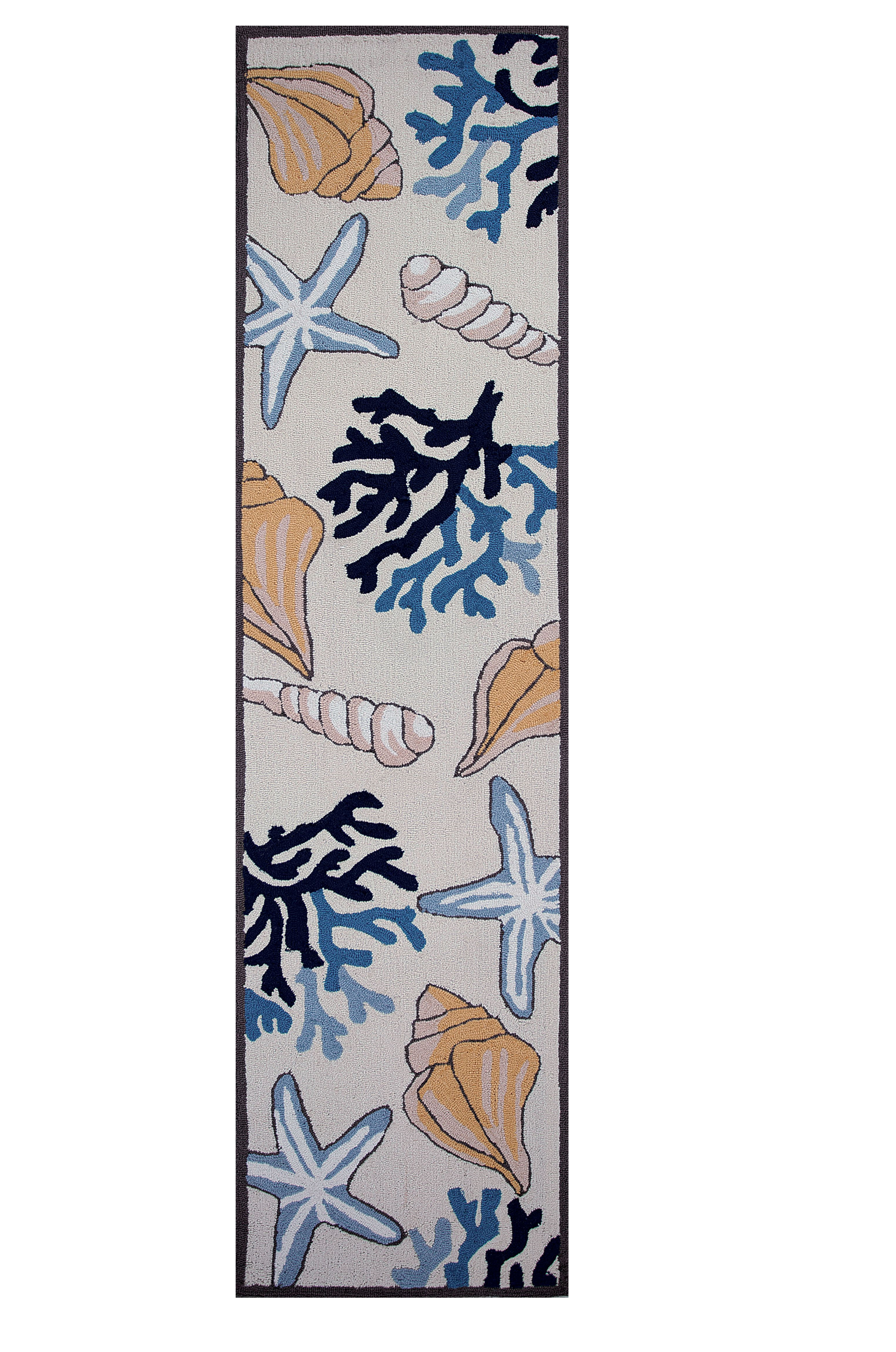 3' X 5' Ivory and Blue Seashell Hand Hooked Area Rug