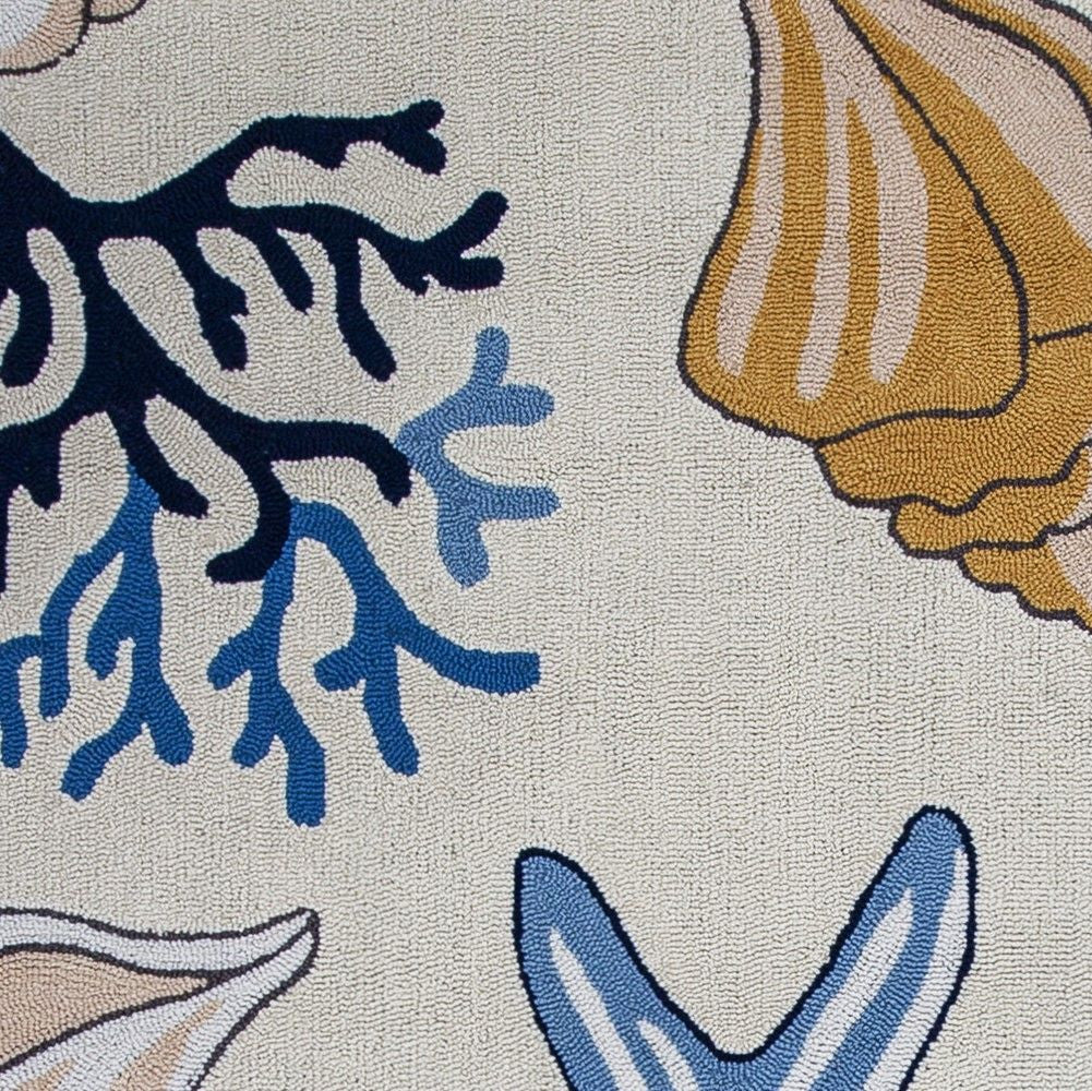 3' X 5' Ivory and Blue Seashell Hand Hooked Area Rug