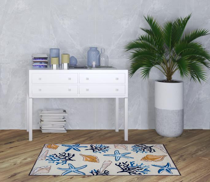 3' X 5' Ivory and Blue Seashell Hand Hooked Area Rug