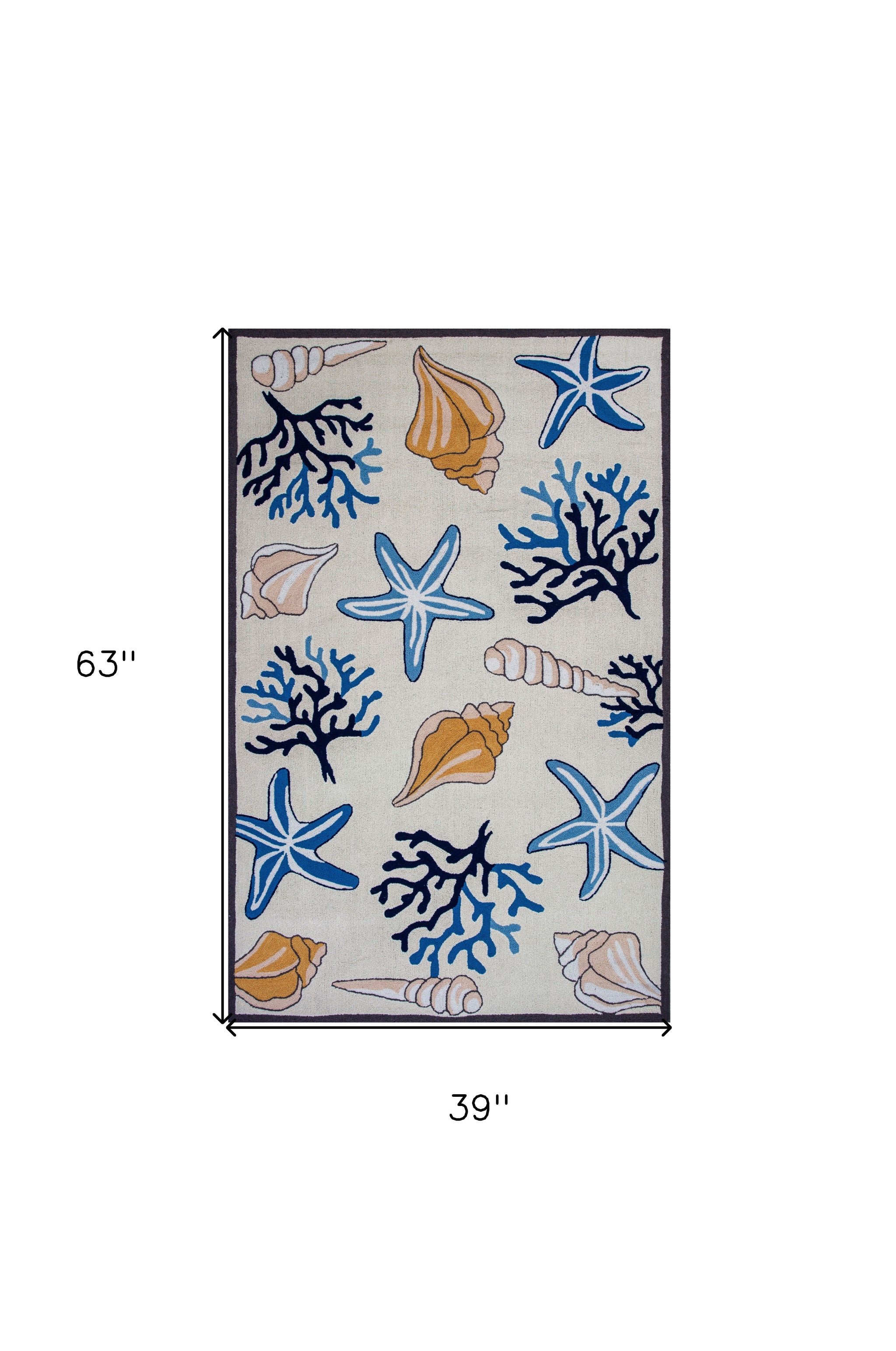 3' X 5' Ivory and Blue Seashell Hand Hooked Area Rug