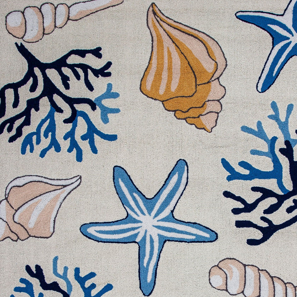 3' X 5' Ivory and Blue Seashell Hand Hooked Area Rug