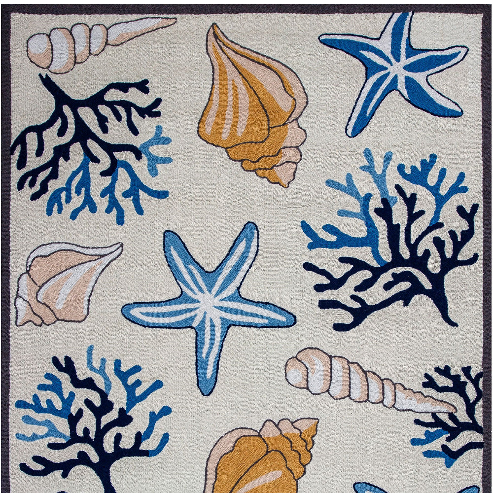 8' Ivory Hand Hooked Sea Corals And Shells Indoor Runner Rug