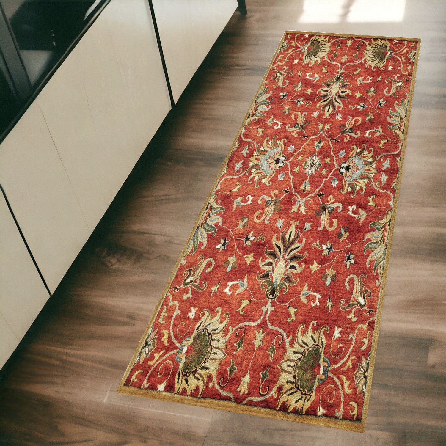 7' Sienna Orange Hand Tufted Wool Traditional Floral Indoor Runner Rug