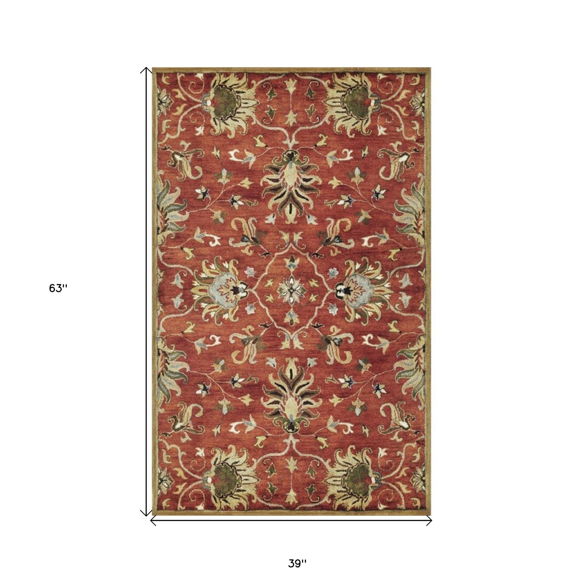 7' Sienna Orange Hand Tufted Wool Traditional Floral Indoor Runner Rug