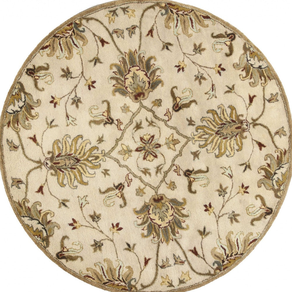 5' Round Champagne Floral Vine Wool Indoor Area Rug