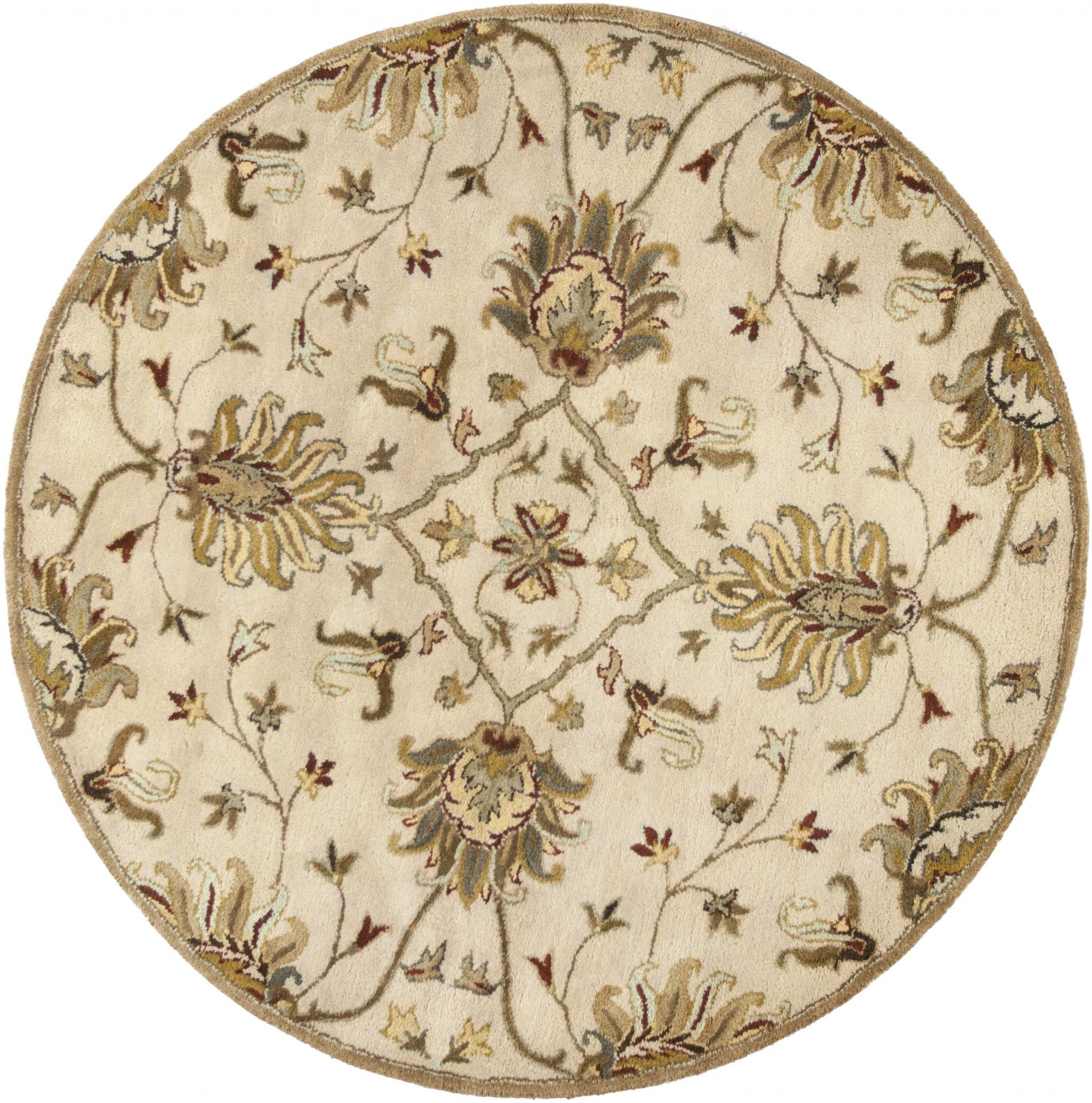 5' Round Champagne Floral Vine Wool Indoor Area Rug