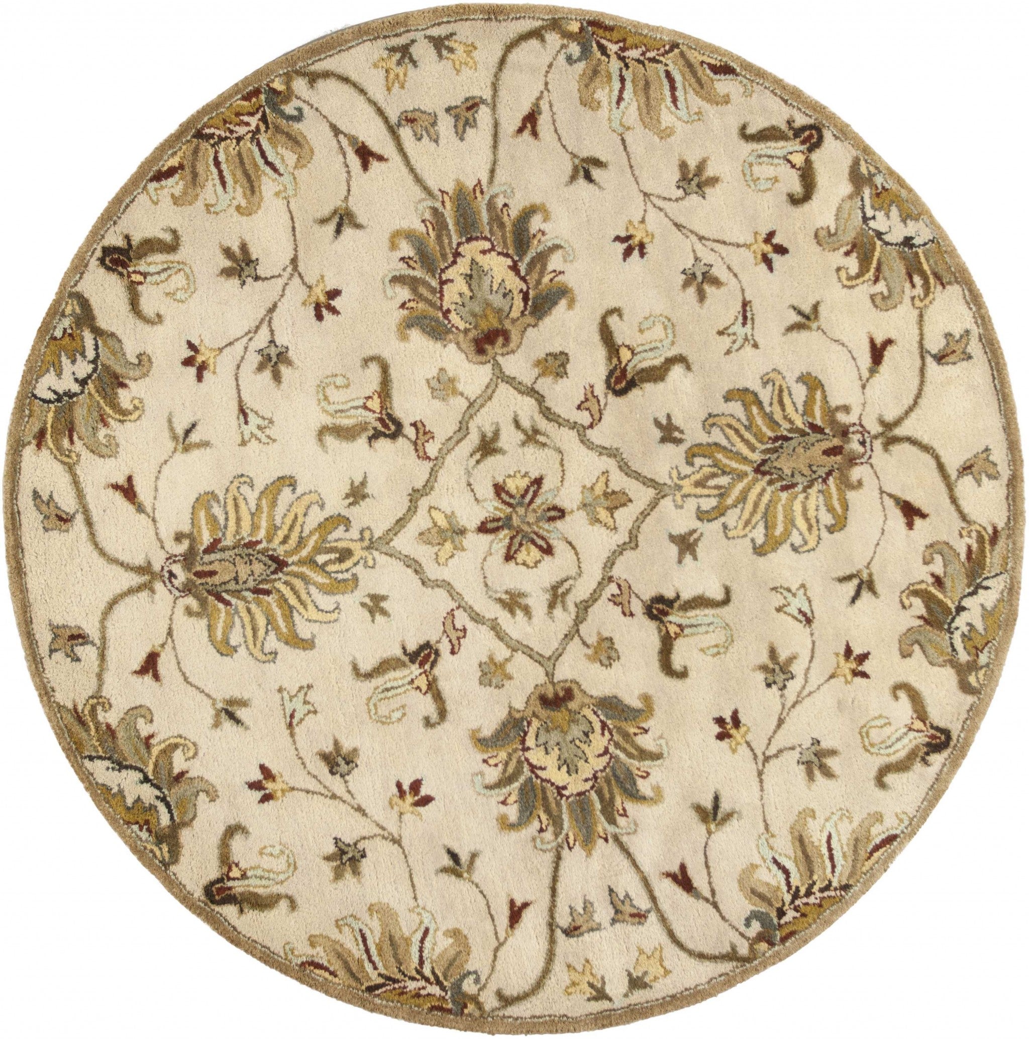 5' Round Champagne Floral Vine Wool Indoor Area Rug