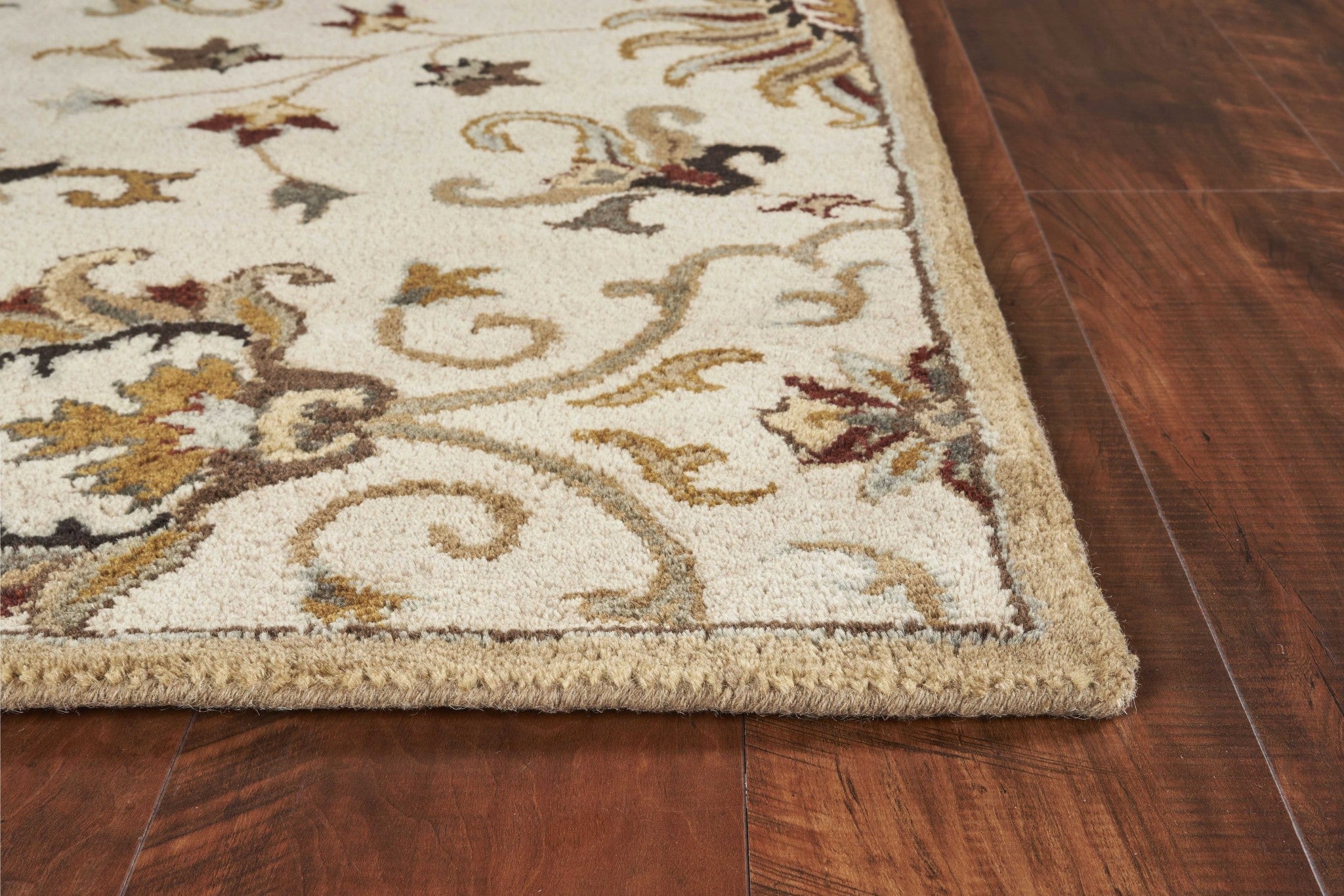 5' Round Champagne Floral Vine Wool Indoor Area Rug