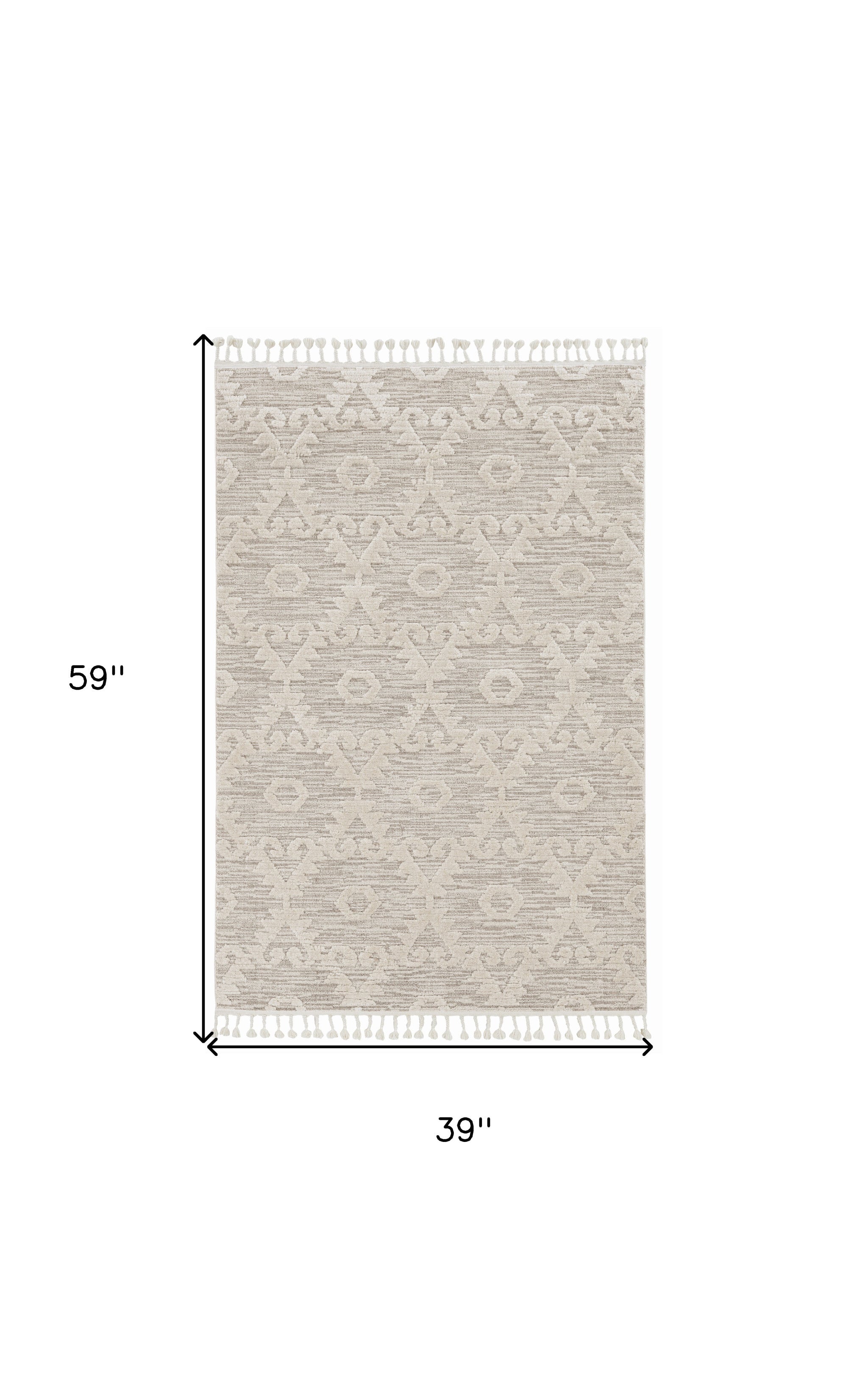 3' X 5' Ivory Beige Diamonds Area Rug With Fringe