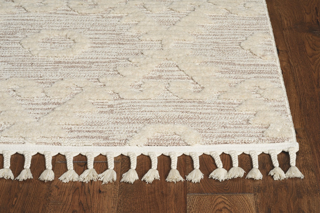 3' X 5' Ivory Beige Diamonds Area Rug With Fringe