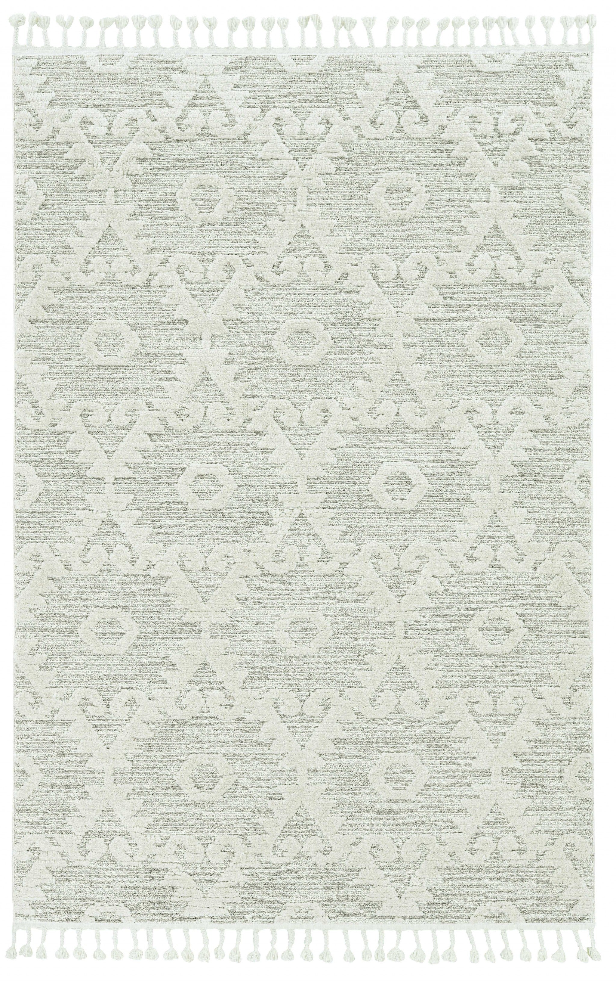 3' X 5' Ivory Beige Diamonds Area Rug With Fringe