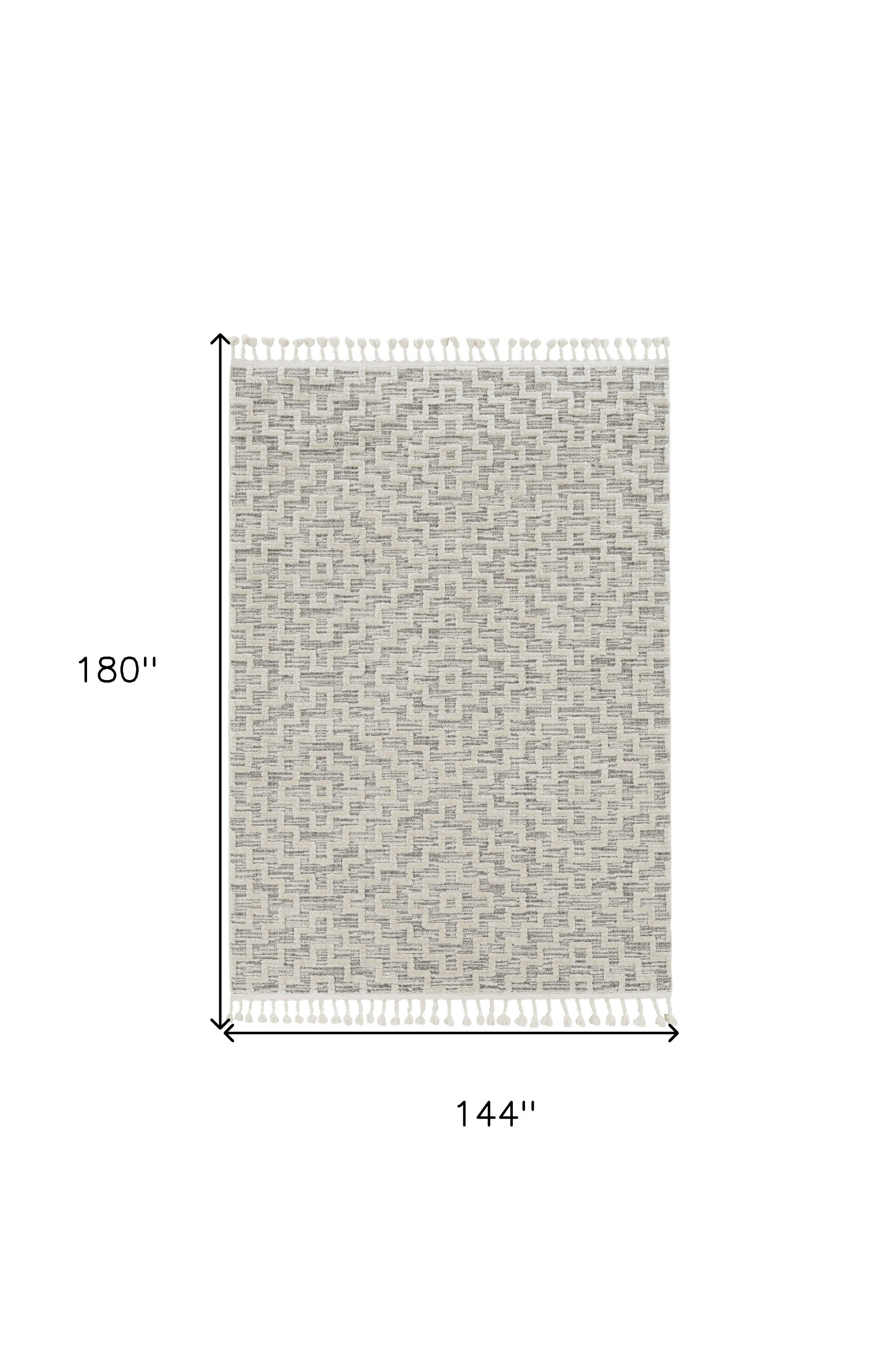 12'X15' Ivory Grey Machine Woven Diamond Pattern With Fringe Indoor Area Rug