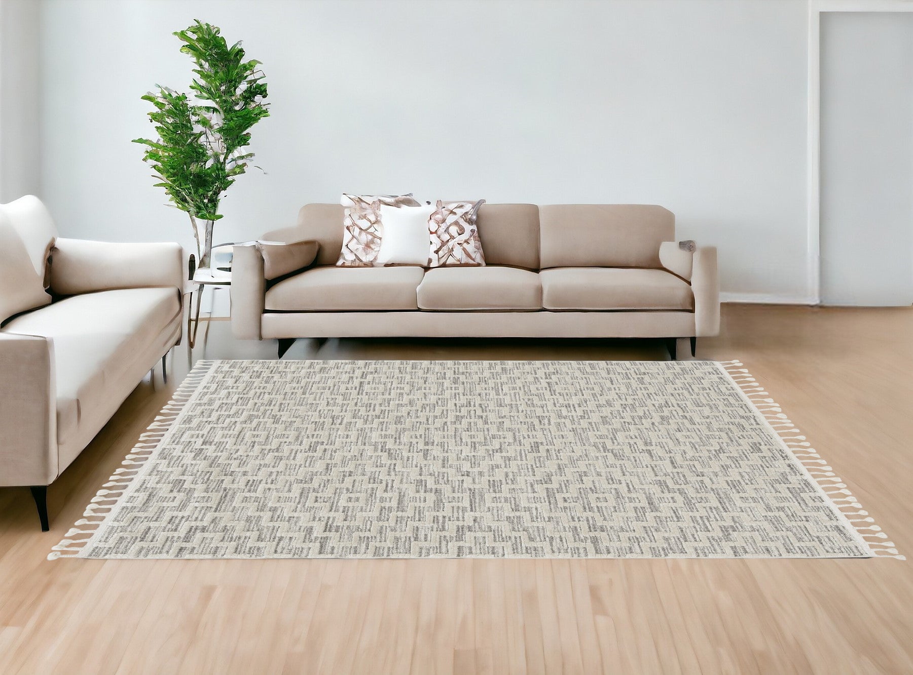 12'X15' Ivory Grey Machine Woven Diamond Pattern With Fringe Indoor Area Rug