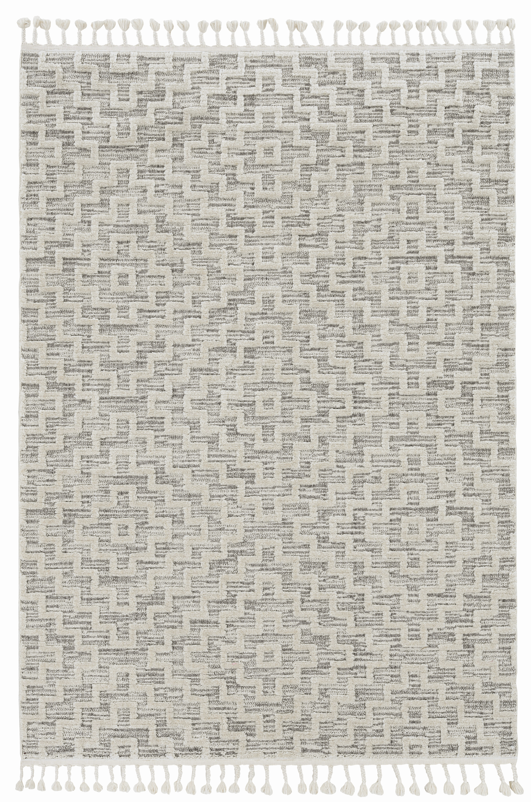 5'X8' Ivory Grey Machine Woven Geometric With Fringe Indoor Area Rug