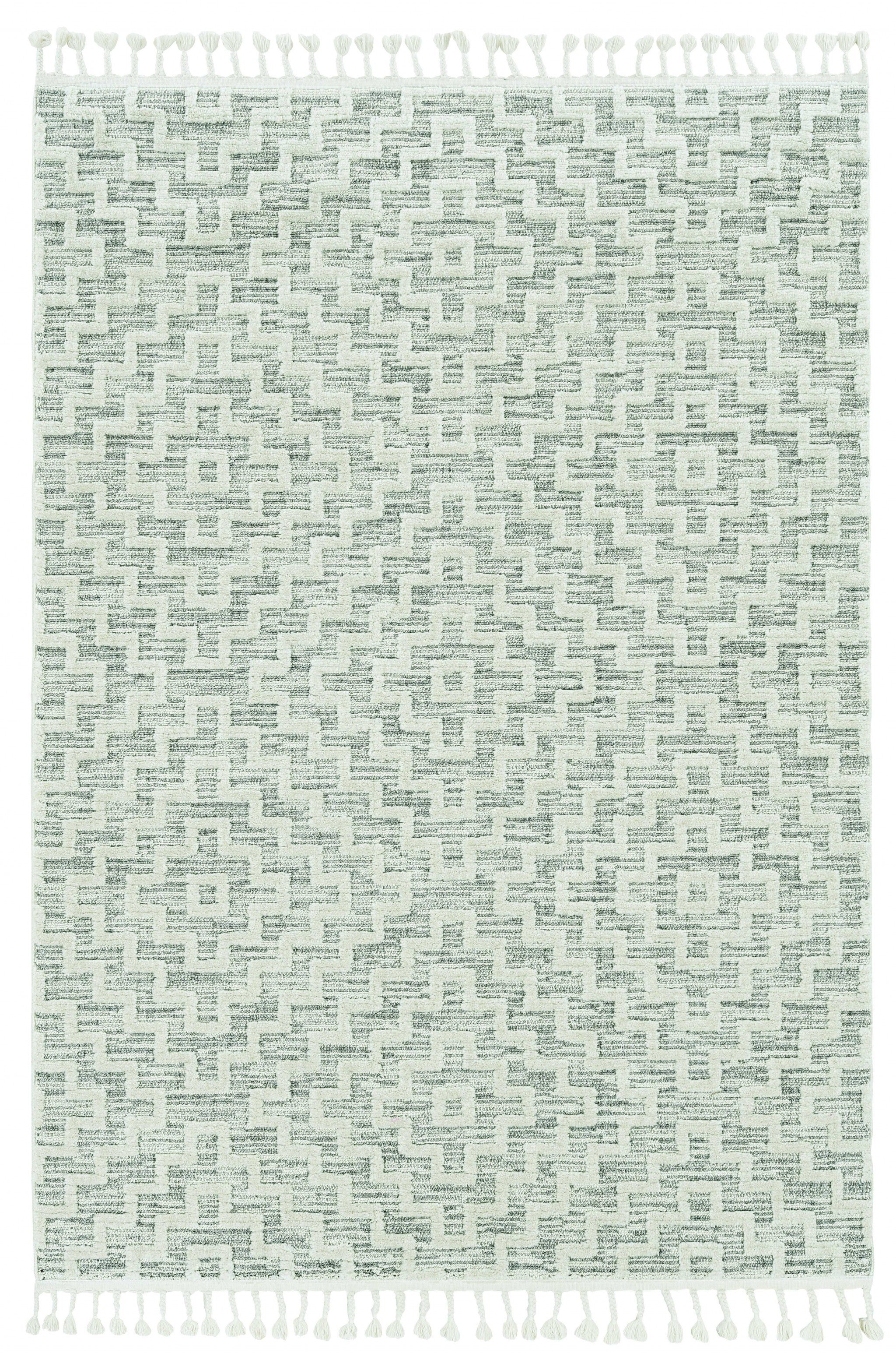 12'X15' Ivory Grey Machine Woven Diamond Pattern With Fringe Indoor Area Rug