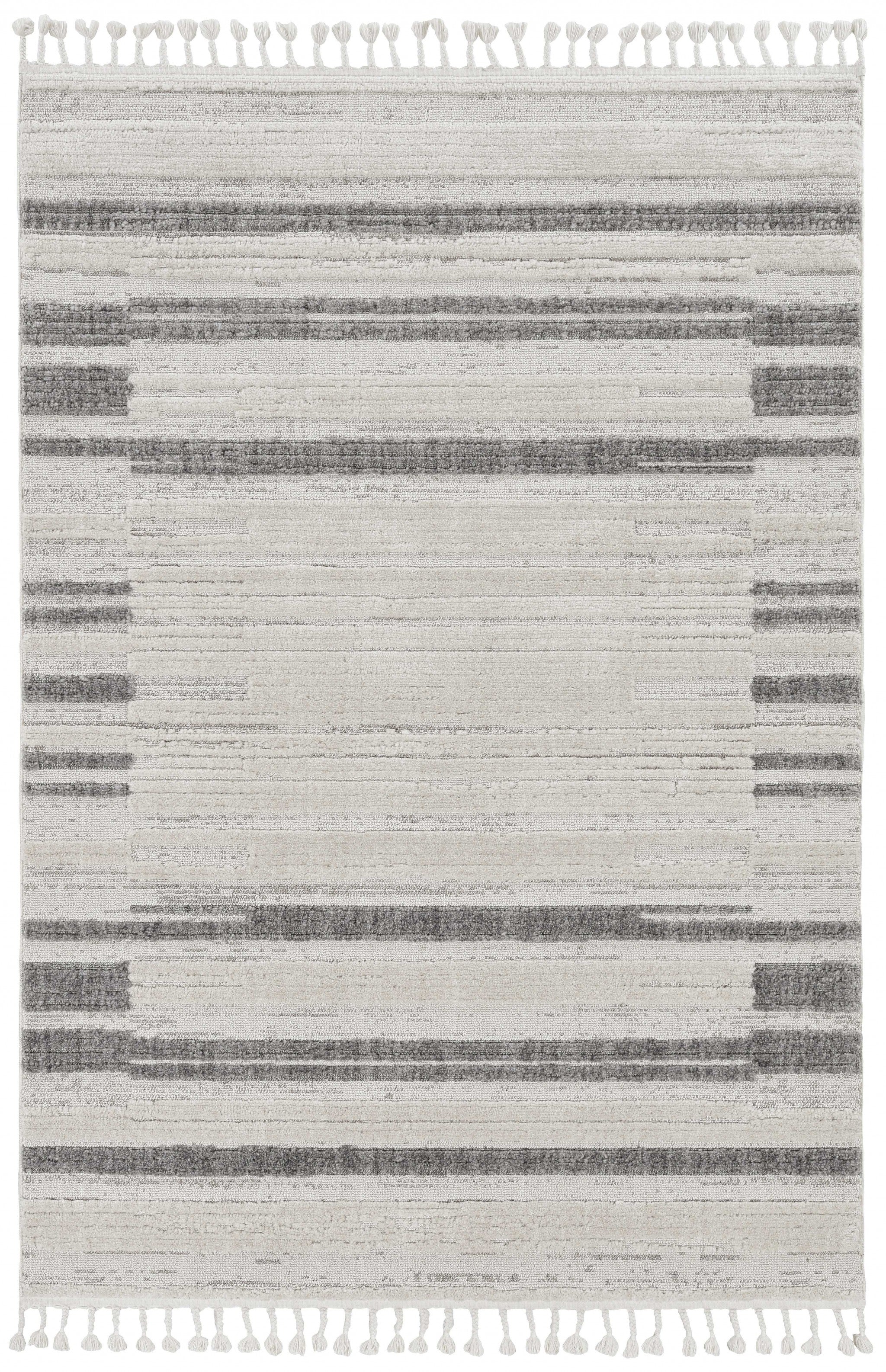 5' X 8' Ivory Or Grey Abstract Brushstrokes Indoor Area Rug With Fringe