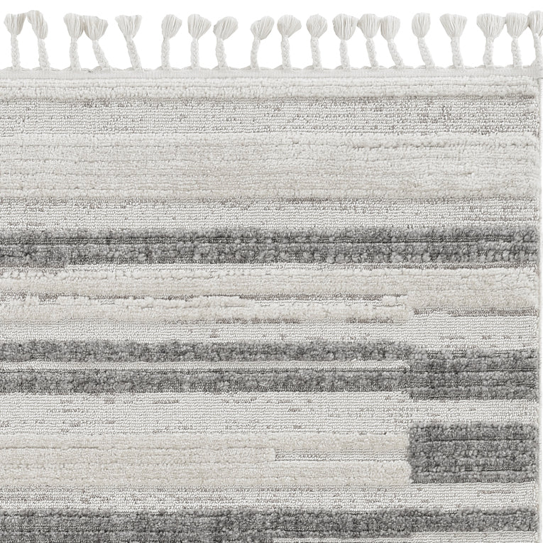 5' X 8' Ivory Or Grey Abstract Brushstrokes Indoor Area Rug With Fringe