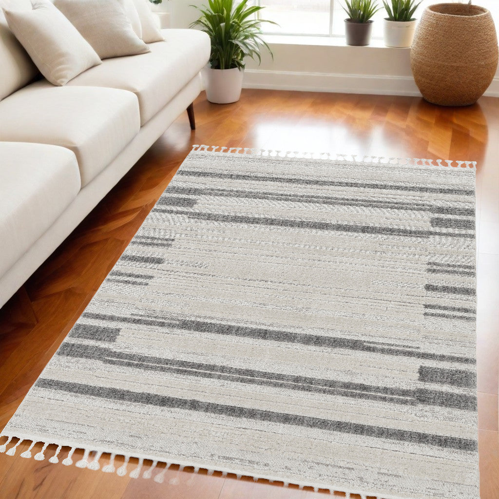 5' X 8' Ivory Or Grey Abstract Brushstrokes Indoor Area Rug With Fringe