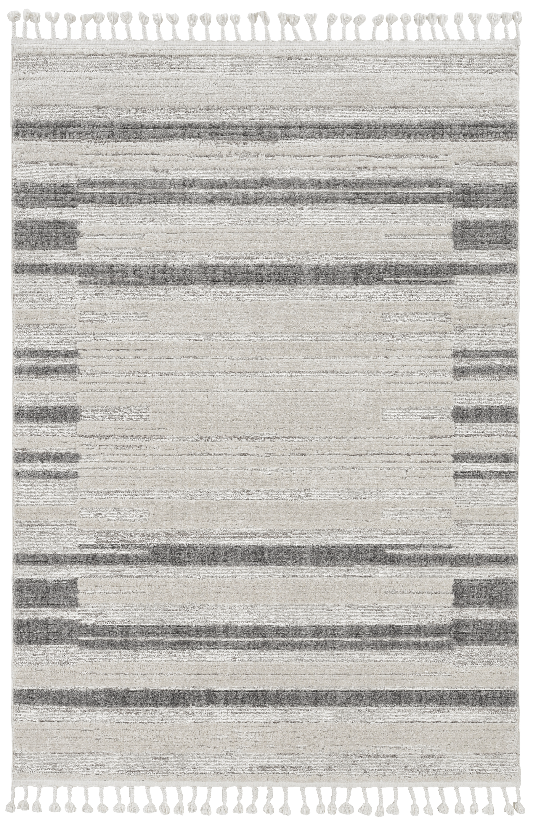 5' X 8' Ivory Or Grey Abstract Brushstrokes Indoor Area Rug With Fringe