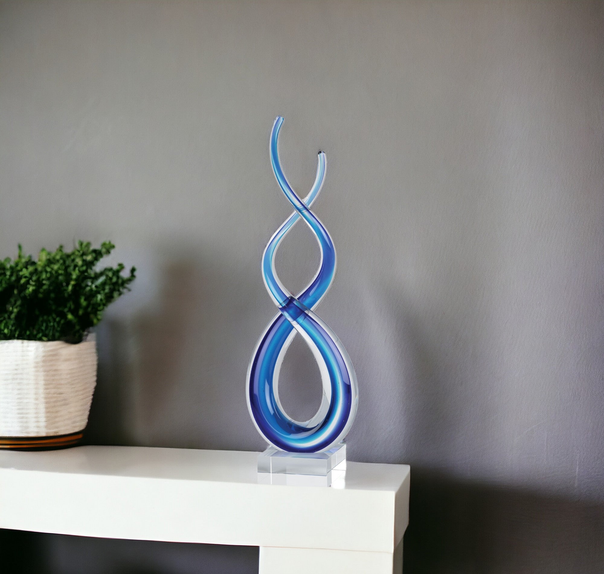 14" Clear and Blue Murano Glass Modern Abstract Tabletop Sculpture