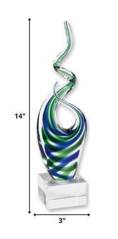 14" Clear Blue and Green Murano Glass Modern Abstract Tabletop Sculpture
