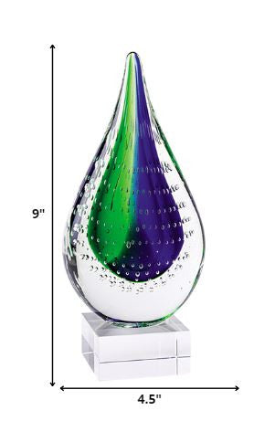 9" Clear Blue and Green Murano Glass Modern Abstract Tabletop Sculpture