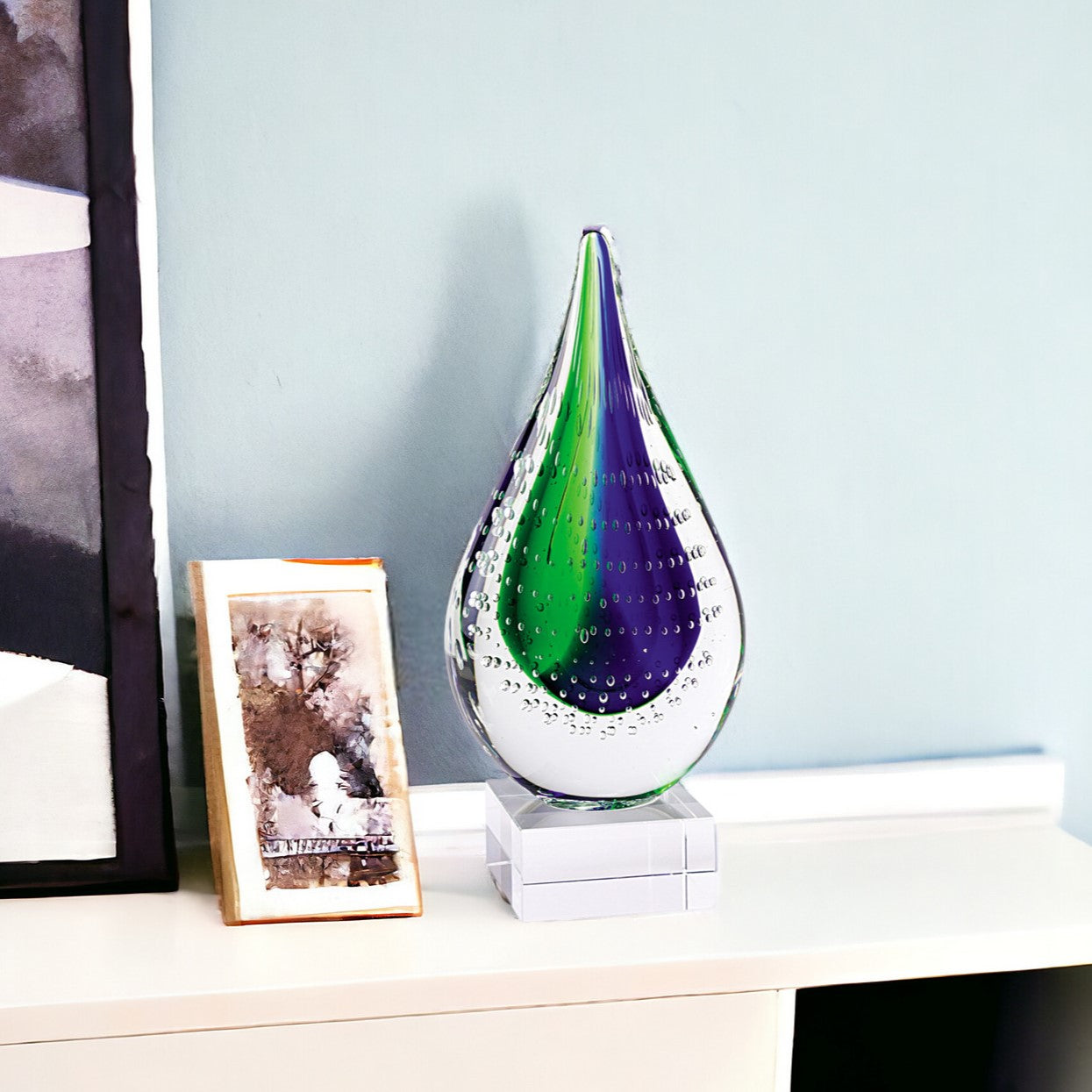 9" Clear Blue and Green Murano Glass Modern Abstract Tabletop Sculpture