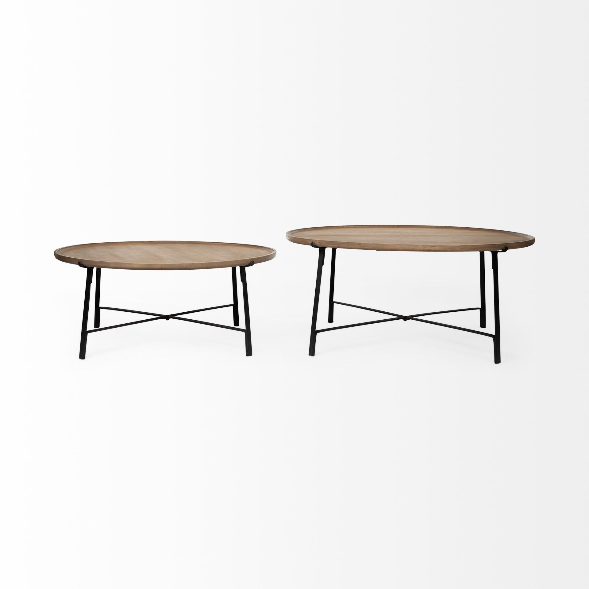 Set of Two 41" Brown And Black Solid Wood And Iron Round Nested Coffee Tables