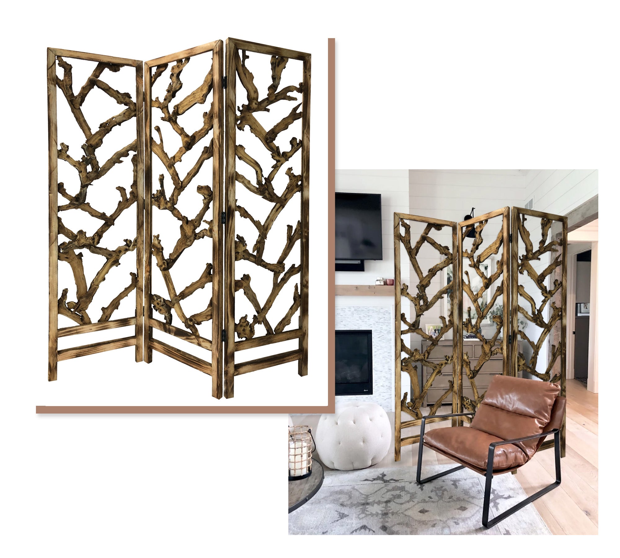 Rustic Earthy Wood Root Three Panel Room Divider Screen