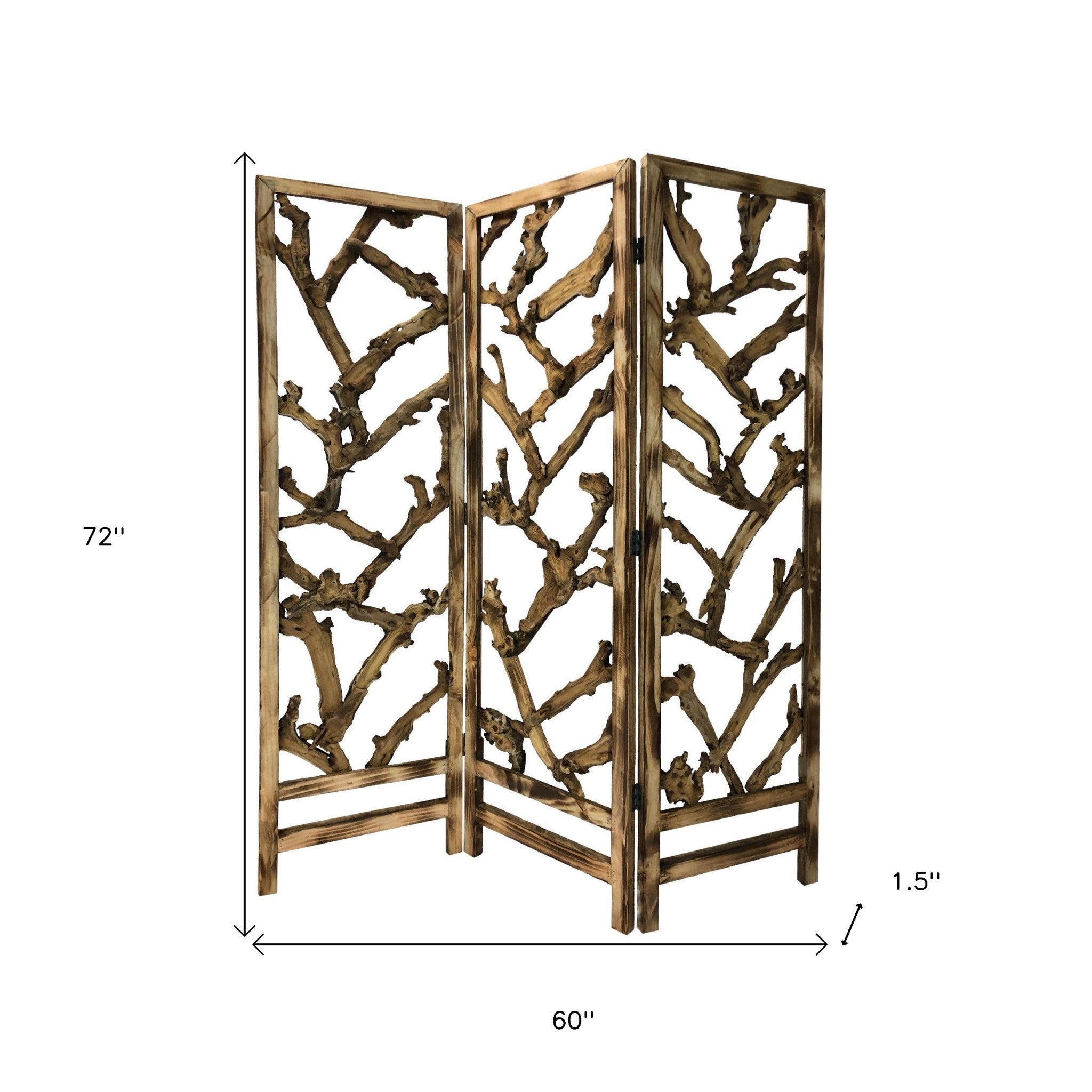 Rustic Earthy Wood Root Three Panel Room Divider Screen